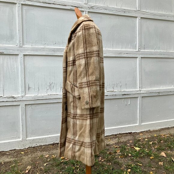 Lynn Pynn Pure Wool Long Winter Coat Vintage 60s Made in Canada Beige Plaid - Picture 8 of 16